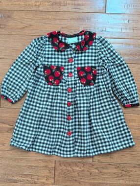 Kate Greenaway Vintage Flannel Black White Gingham Dress with Red Cherry Accents